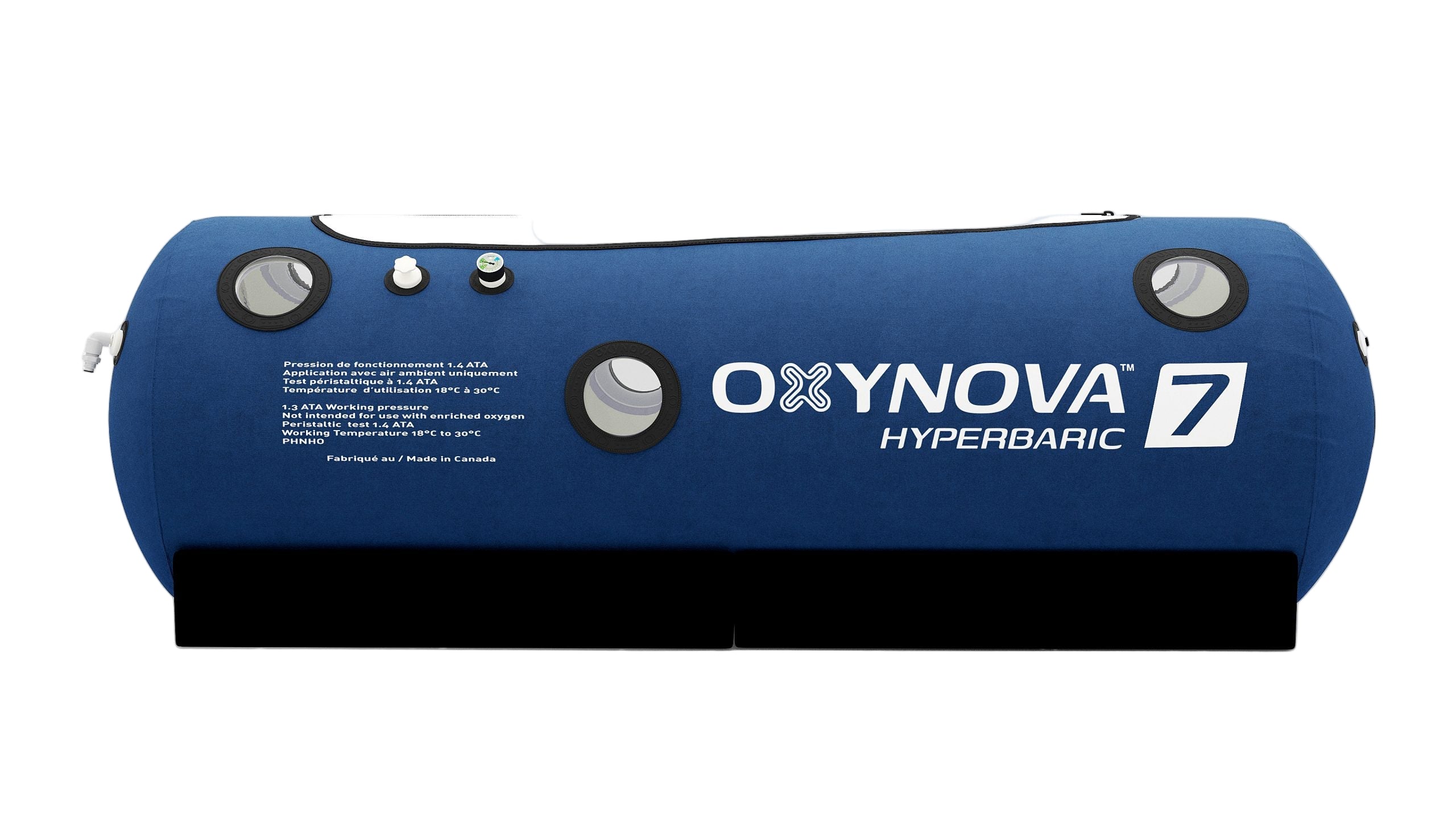 Cylindrical blue hyperbaric chamber with the OxyNova 7 branding, featuring multiple ports and a pressure gauge.