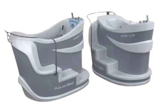 Two Aqua Bike exercise units with ergonomic steps and safety handrails