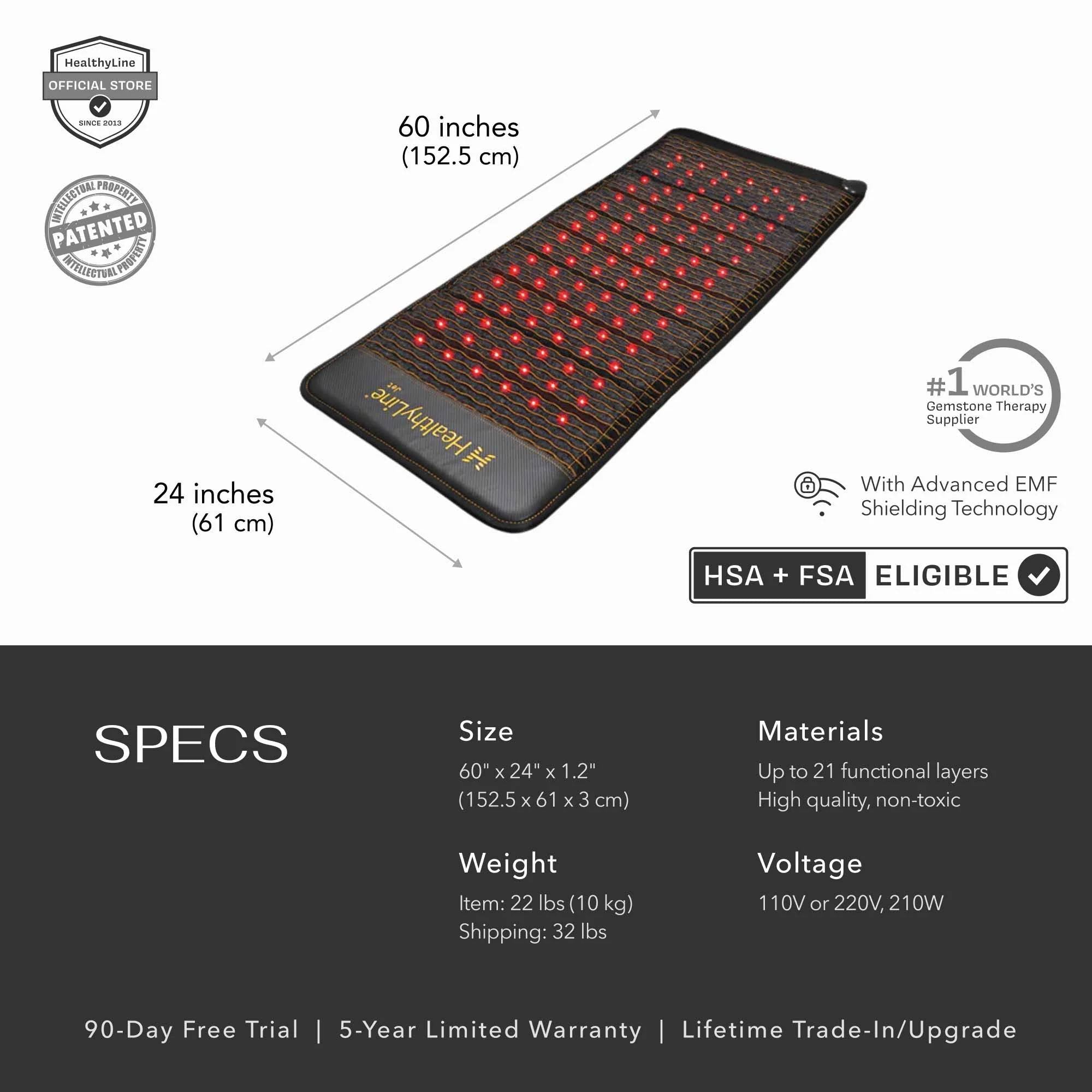 Jet Mat 60"x24" PEMF mat with red LEDs, weight, voltage, and material details