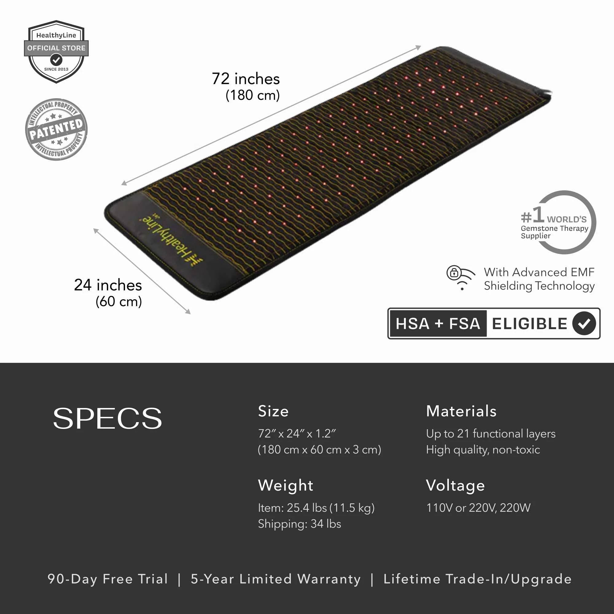 Jet Mat 72"x24" PEMF mat with specs, including weight and voltage