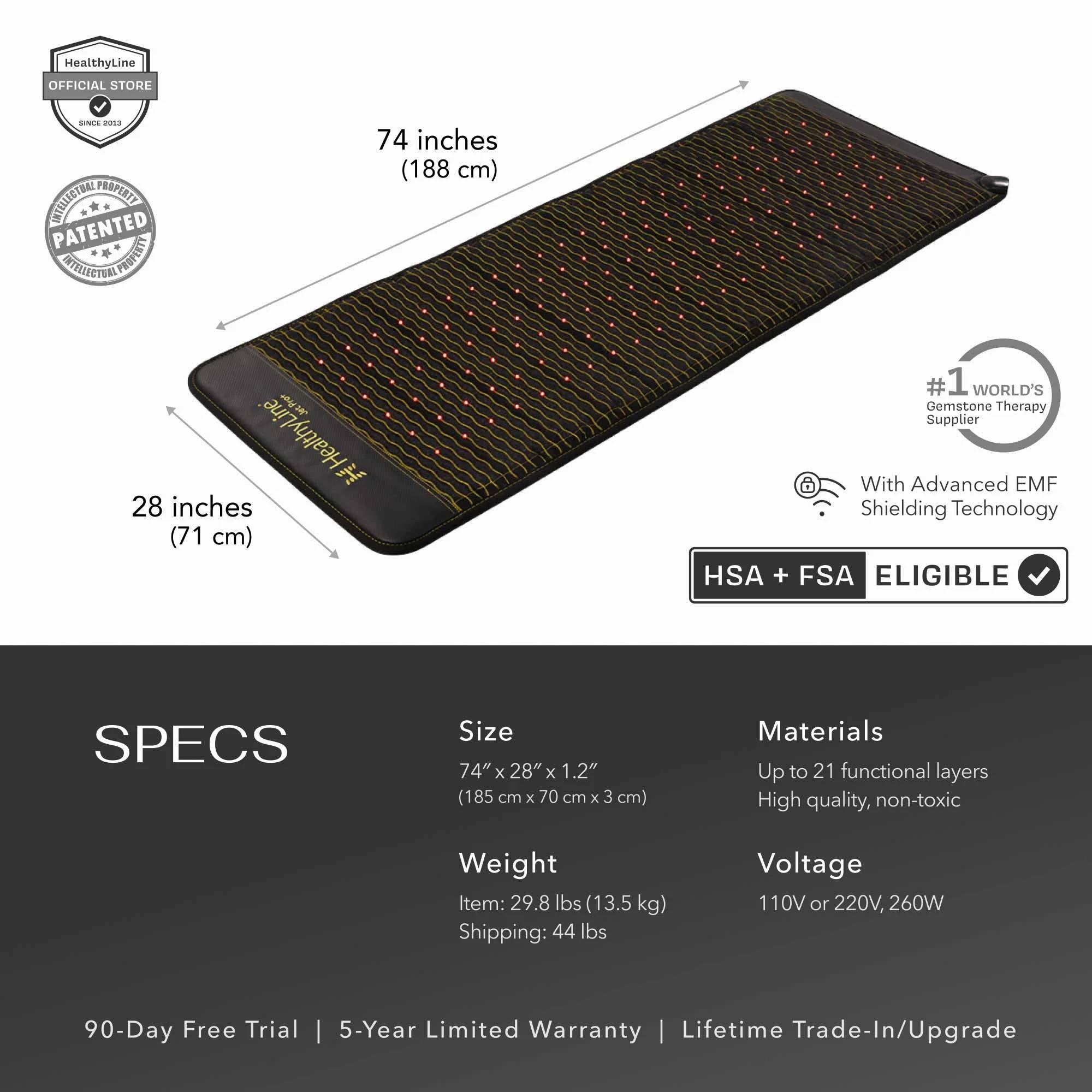 Jet Mat 74"x28" PEMF mat with detailed size, weight, and material specs