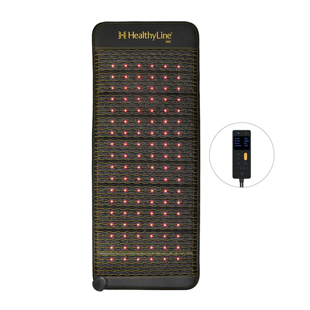 Jet Series PEMF Mat – A black heating mat with red LED lights and a controller