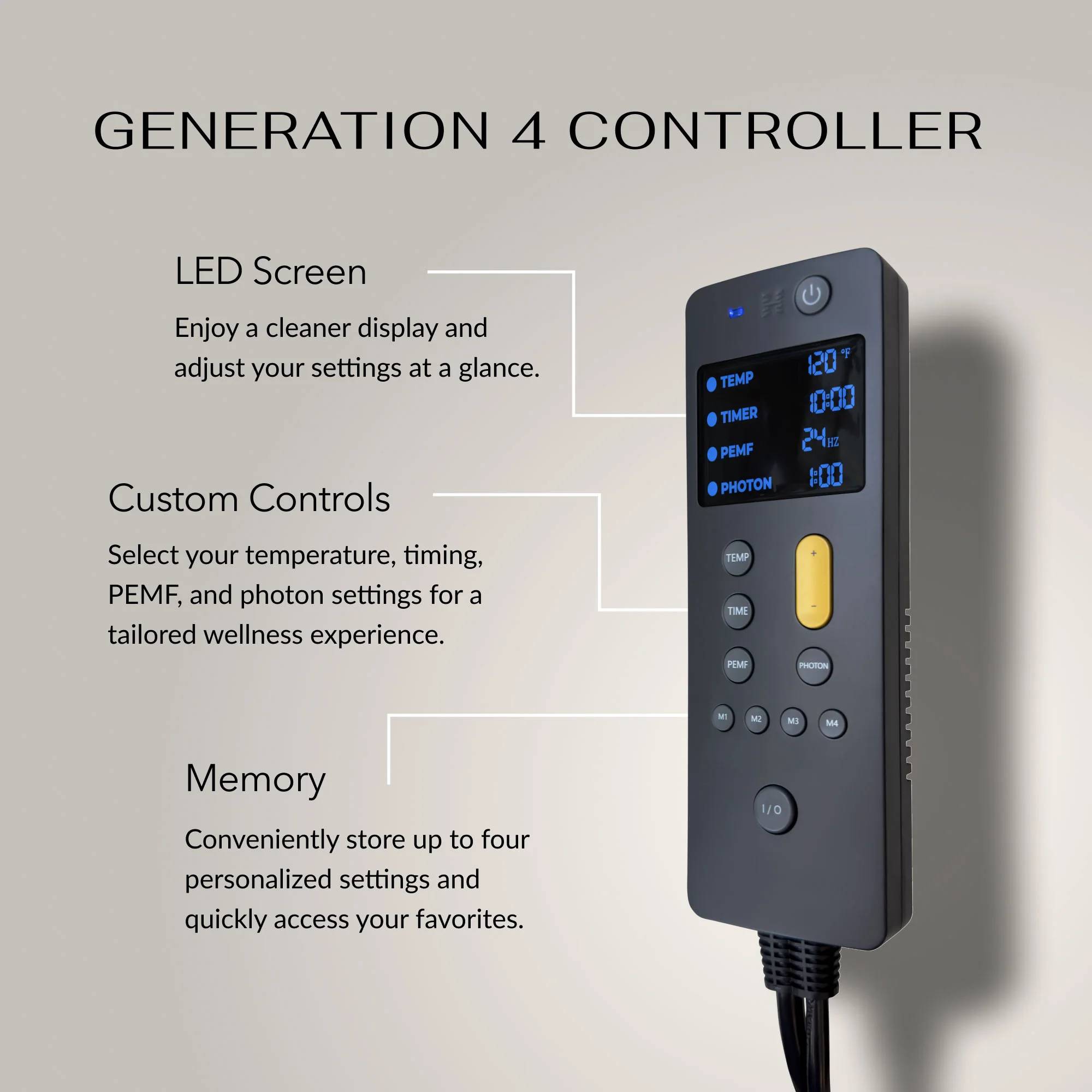 Controller Close-up – A digital control panel with buttons for temperature, PEMF, and light