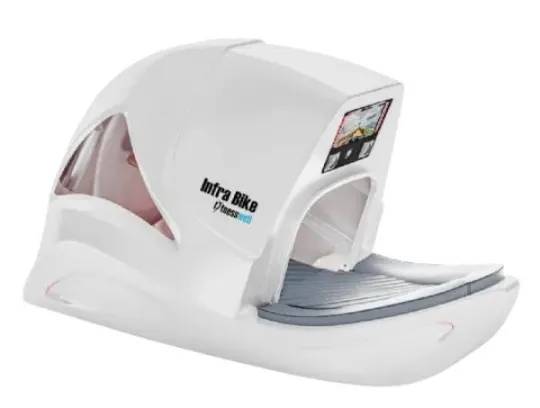 White Infra Bike with enclosed design and touchscreen display on top
