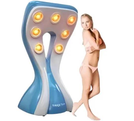 Infrared light therapy lamp with a modern design and a woman posing beside it.
