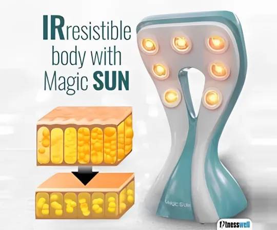 Infrared light therapy lamp with a graphic showing fat reduction benefits