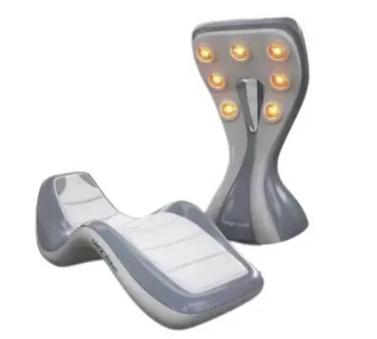 Infrared light therapy device with a curved recliner and a modern standing lamp