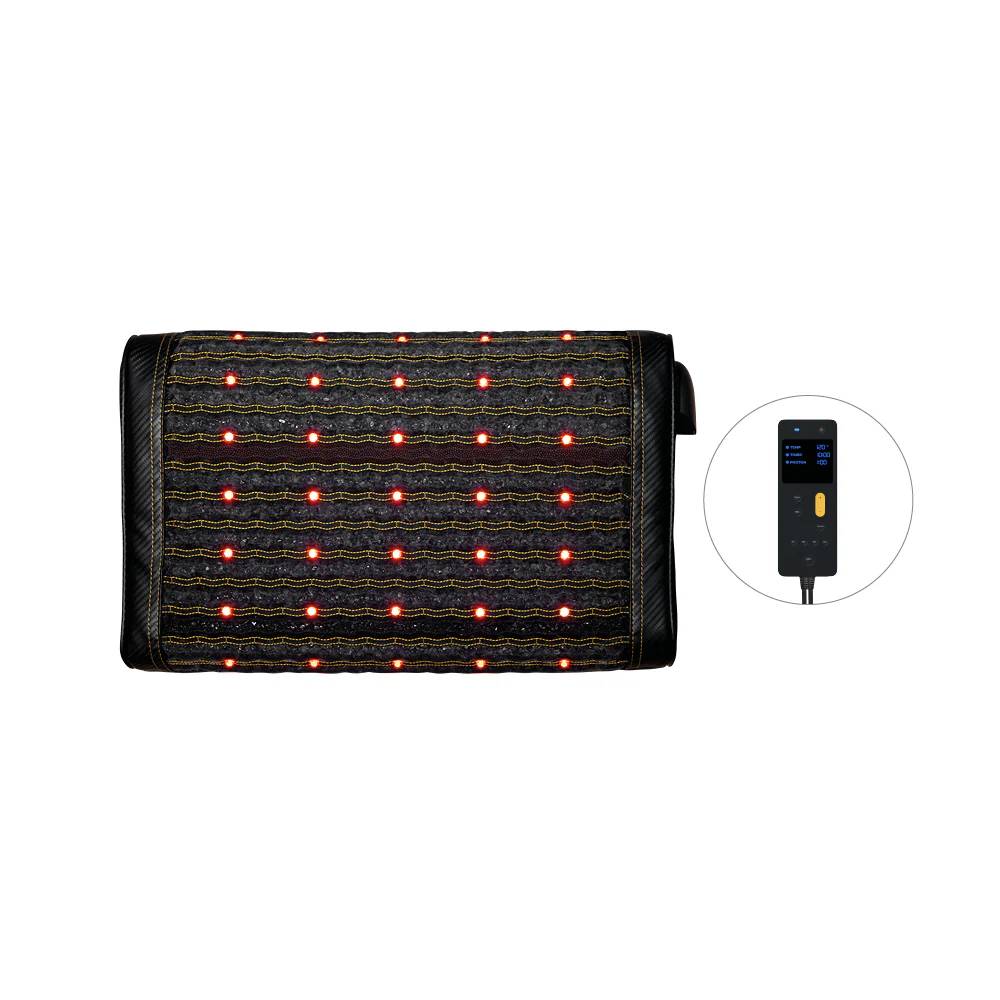 A heated pillow with red photon lights and a wired LED controller for adjustments