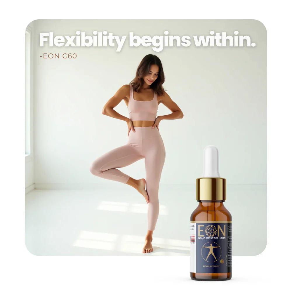 EON C60 bottle with woman practicing yoga, text flexibility begins within