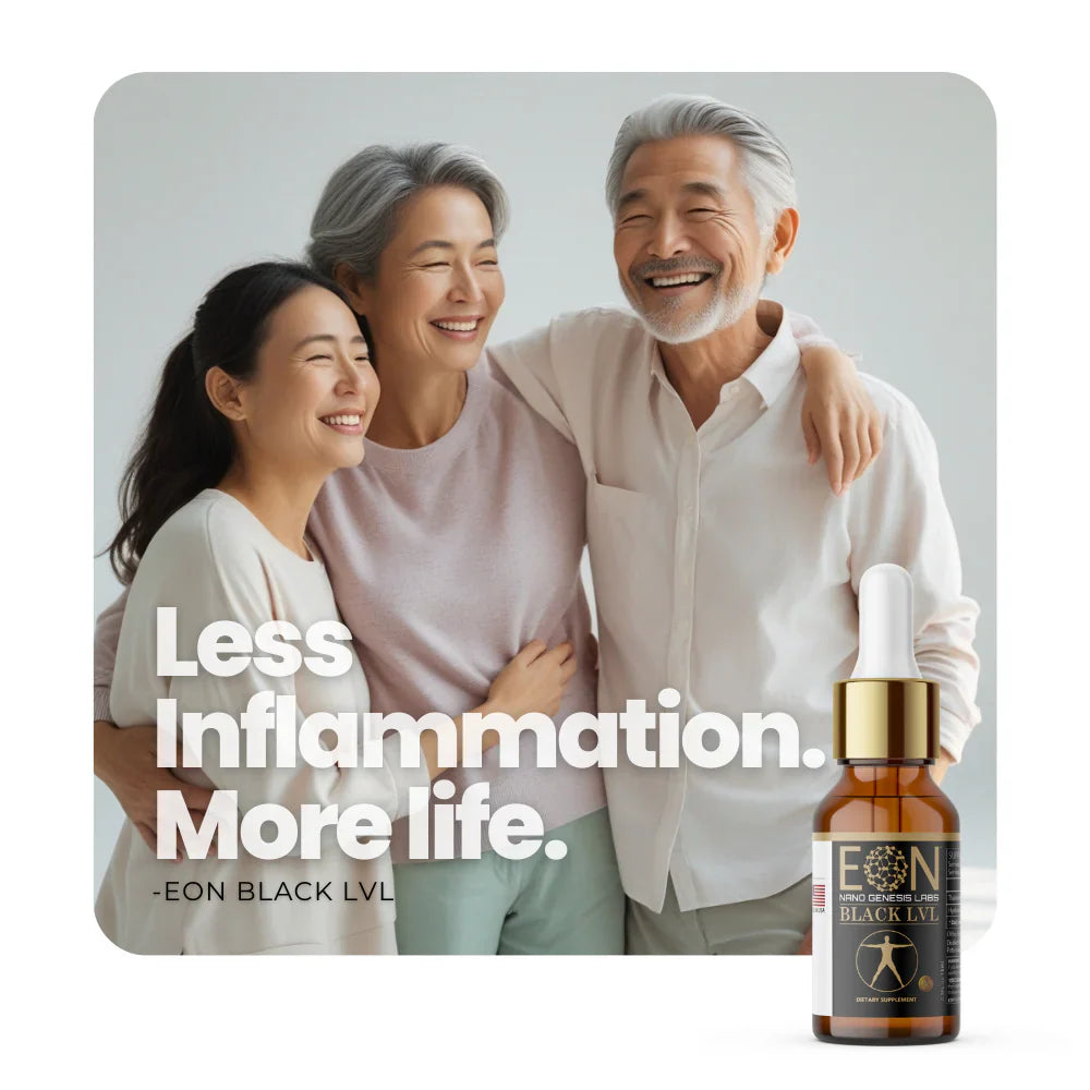 EON C60 Black Level bottle with happy family, text less inflammation more life.
