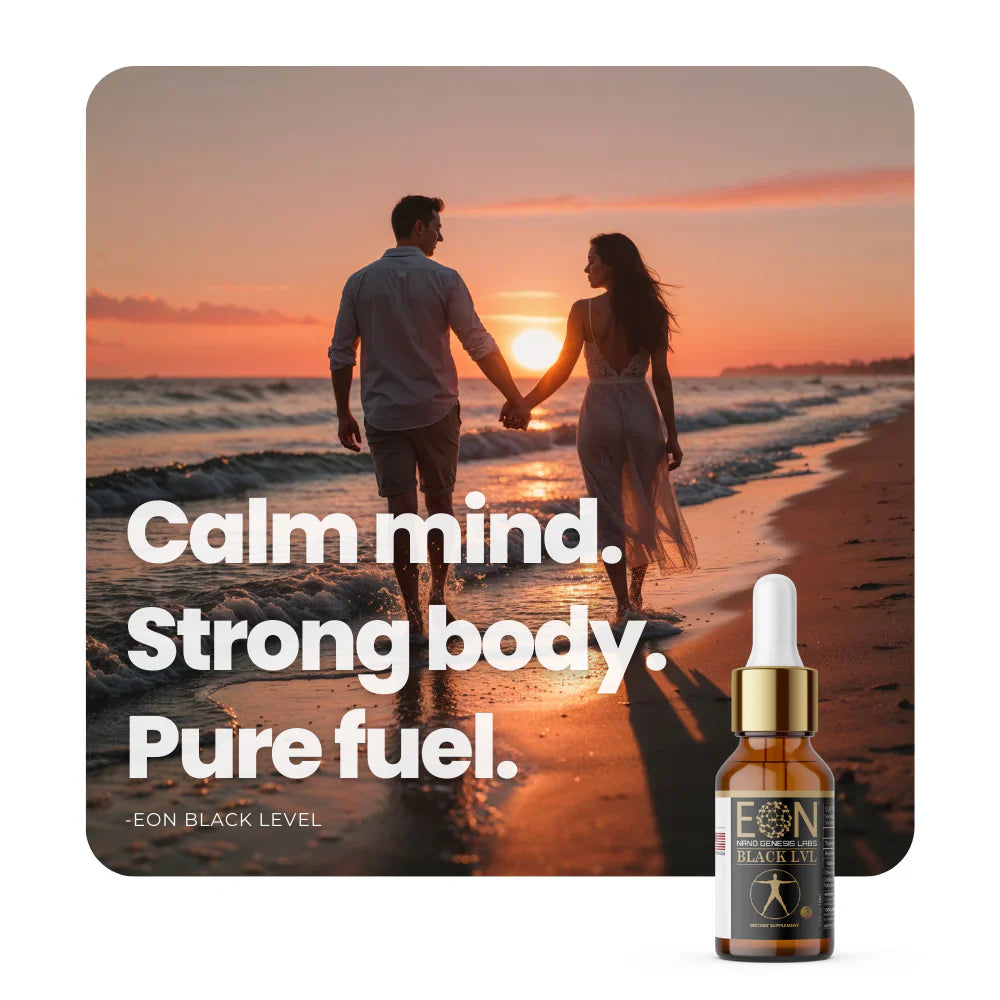 EON C60 Black Level bottle with couple walking on beach at sunset, text calm mind strong body