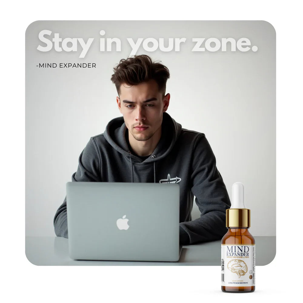 Man on laptop with Mind Expander and focus zone text