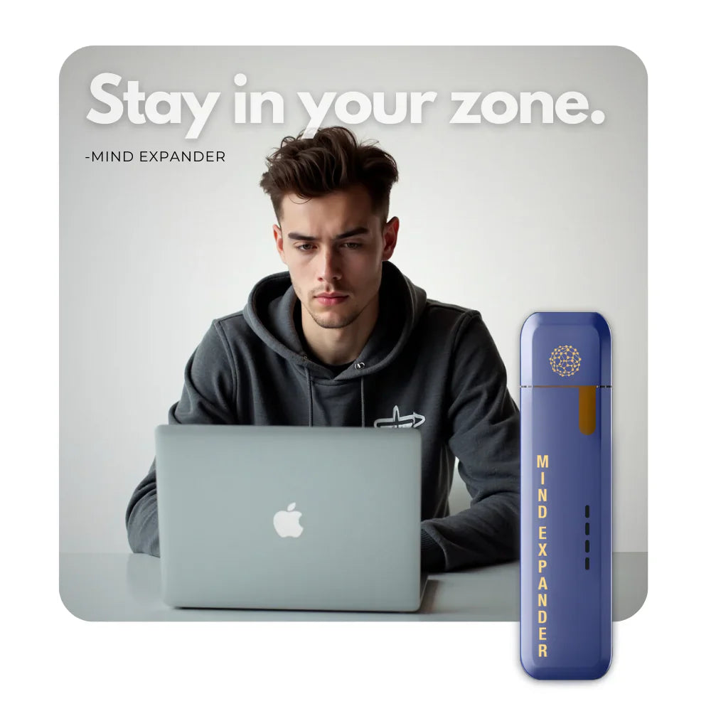 Mind Expander inhaler with man focused on laptop, text stay in your zone