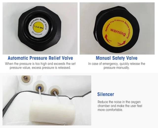 Close-up of Oxyair chamber's pressure relief valve, manual safety valve, and noise-reducing silencer