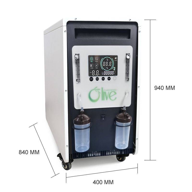Oxygen concentrator with LCD display, control buttons, and dual humidifier bottles, labeled dimensions