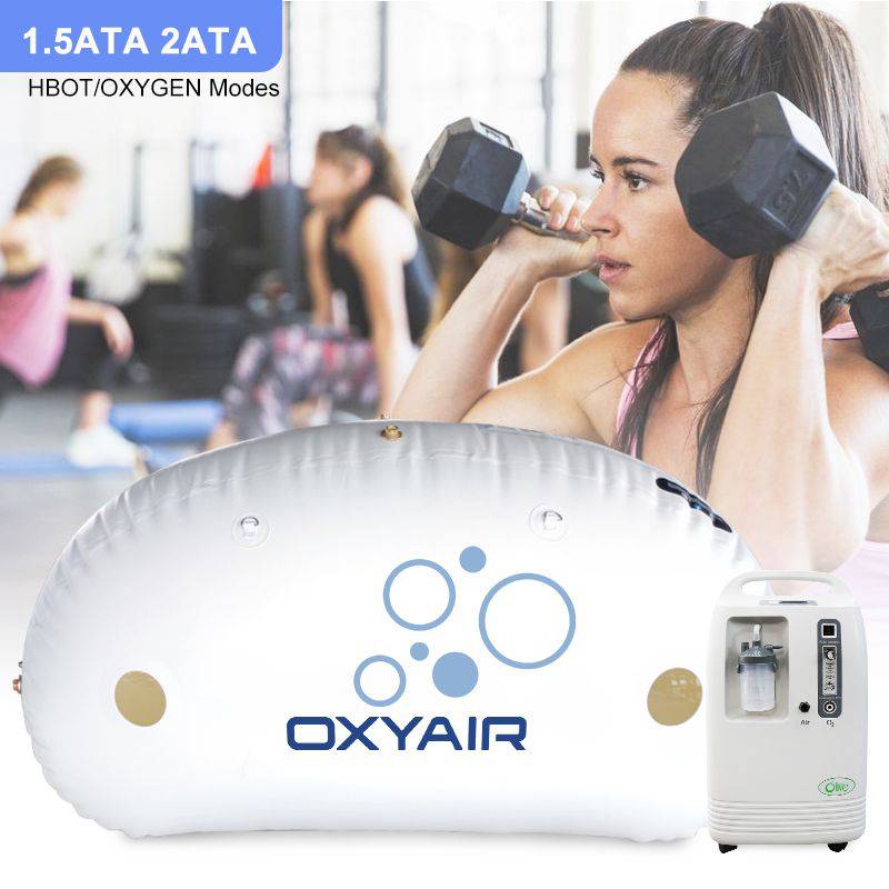Woman lifting dumbbells near Oxyair 1.5 ATA chamber and oxygen unit