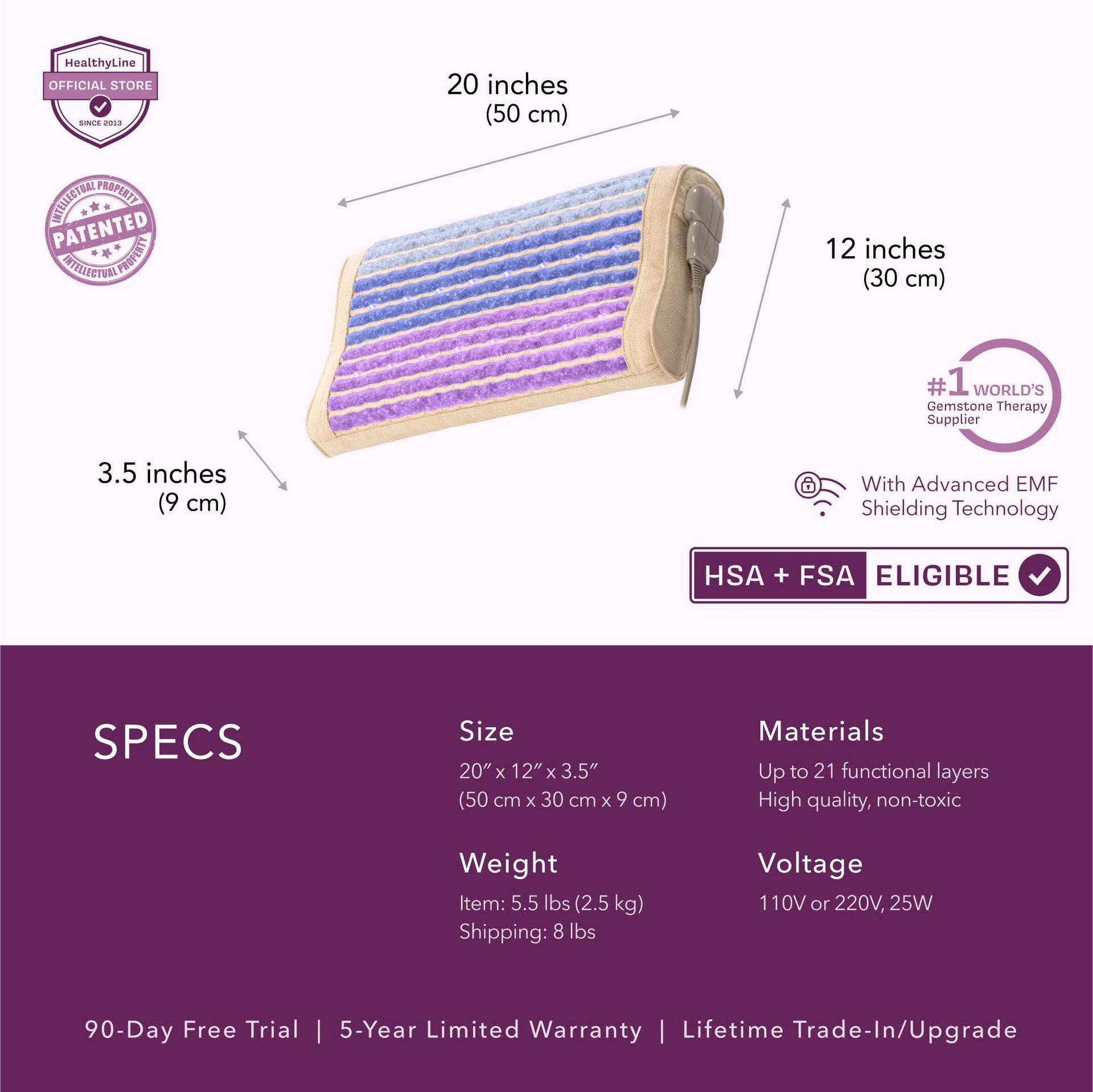 Product specs for the Rainbow Chakra Heated Pillow, including dimensions