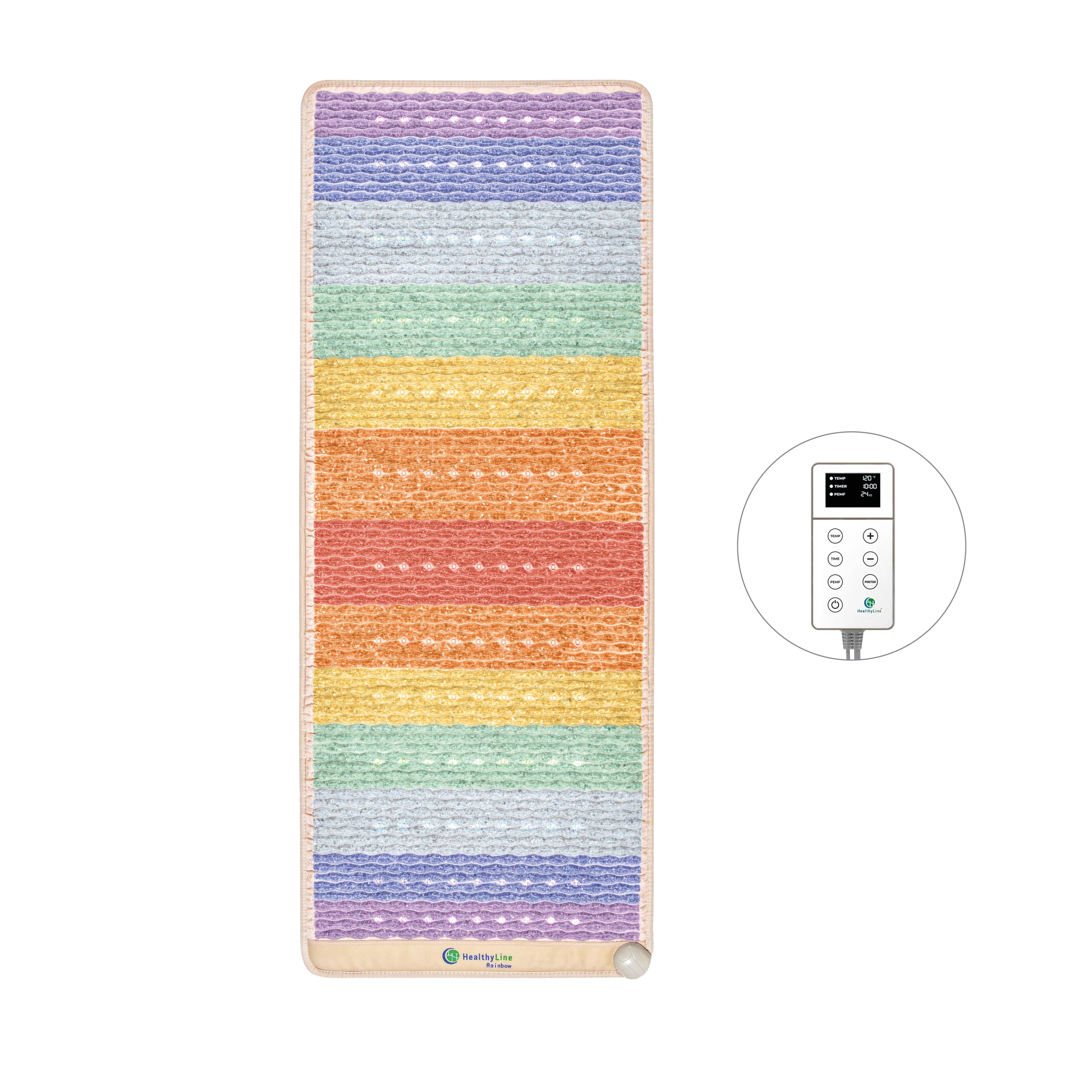 Large Rainbow Chakra PEMF infrared mat with gemstone layers and controller