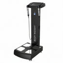 A black electronic body weight composition device with a digital display screen on top, a vertical support column printed with 'BODY WEIGHT', and a platform base with reflective panels, shown on a plain white background.