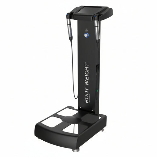 A black electronic body weight composition device with a digital display screen on top, a vertical support column printed with 'BODY WEIGHT', and a platform base with reflective panels, shown on a plain white background.