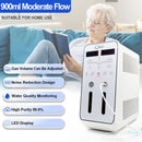 Senior woman using a 900ml moderate flow hydrogen inhaler with features like LED display, noise reduction, and water quality monitoring.