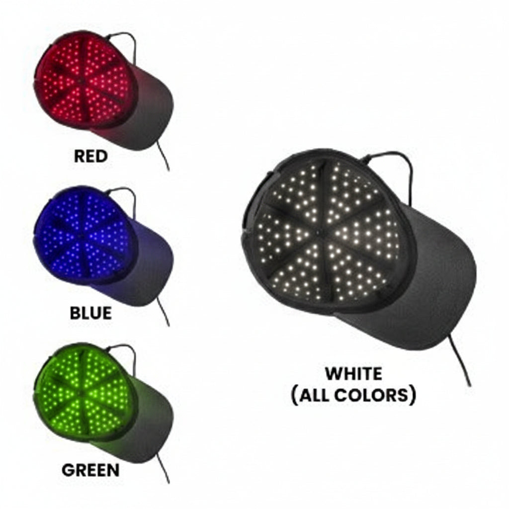 View the Hooga ColorWave LED Light Therapy Hat operating in red, green, blue, and combined light modes
