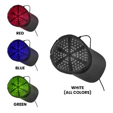 View the Hooga ColorWave LED Light Therapy Hat operating in red, green, blue, and combined light modes