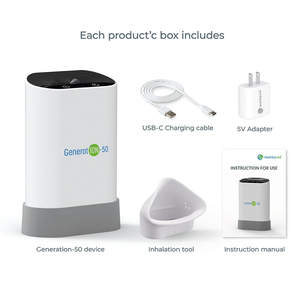 HealthyLine Generation 50 complete kit with USB C charging cable, power adapter, inhalation tool, and instruction manual