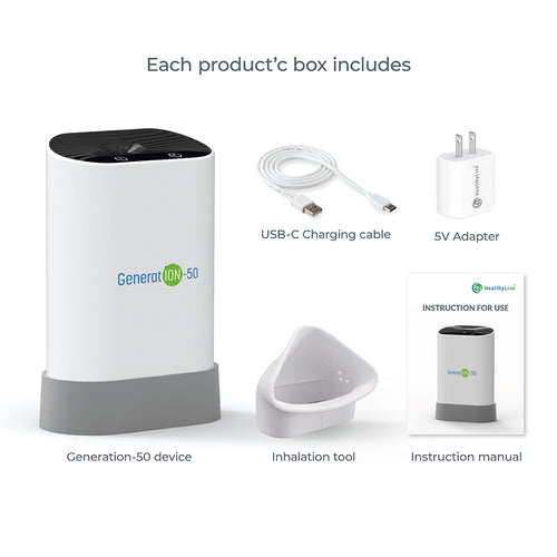 HealthyLine Generation 50 complete kit with USB C charging cable, power adapter, inhalation tool, and instruction manual