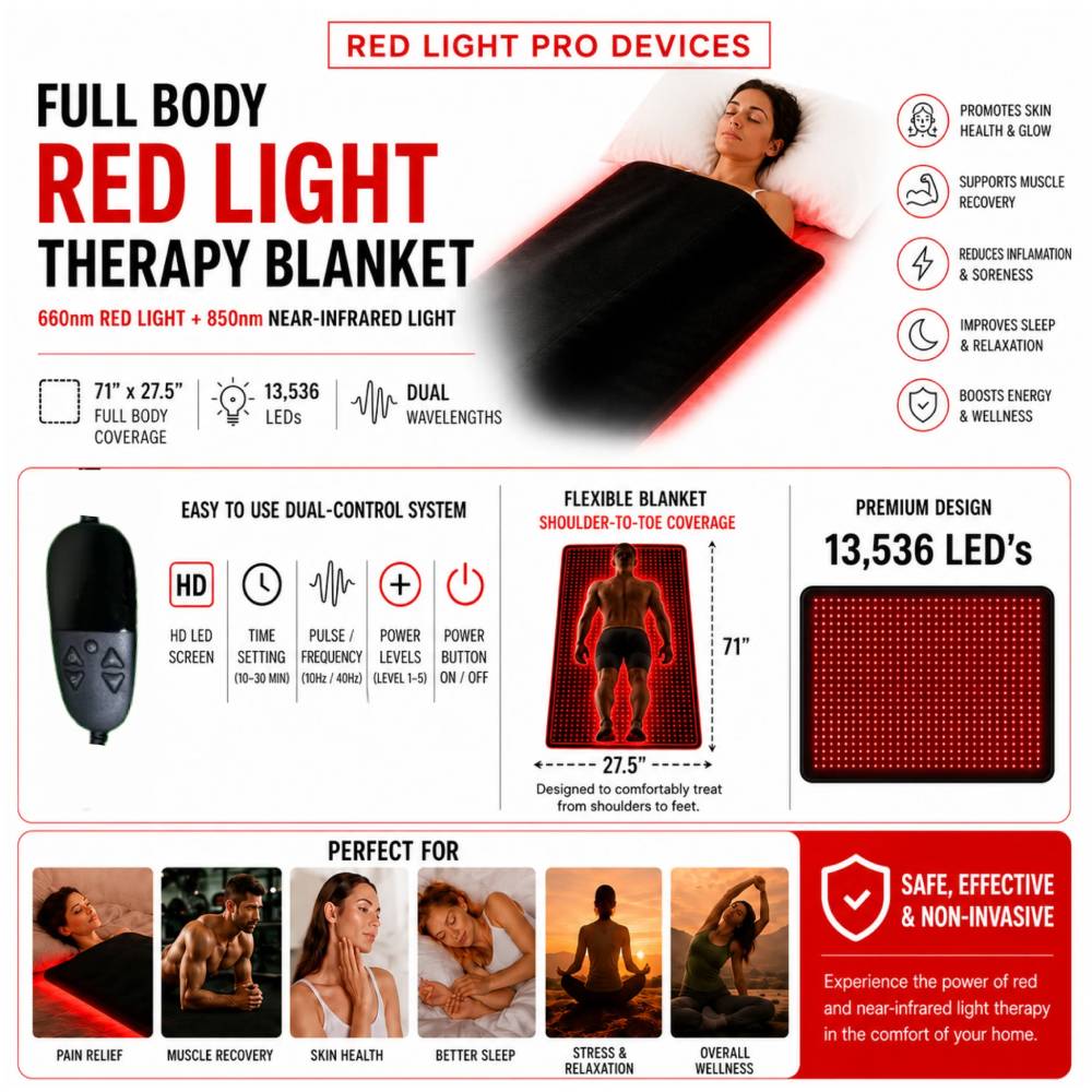 Full Body Red Light Therapy Blanket infographic showing 660 nm red light, 850 nm near-infrared light, 13,536 LEDs, 71 by 27.5 inch coverage, dual controls, and wellness uses