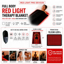 Full Body Red Light Therapy Blanket infographic showing 660 nm red light, 850 nm near-infrared light, 13,536 LEDs, 71 by 27.5 inch coverage, dual controls, and wellness uses