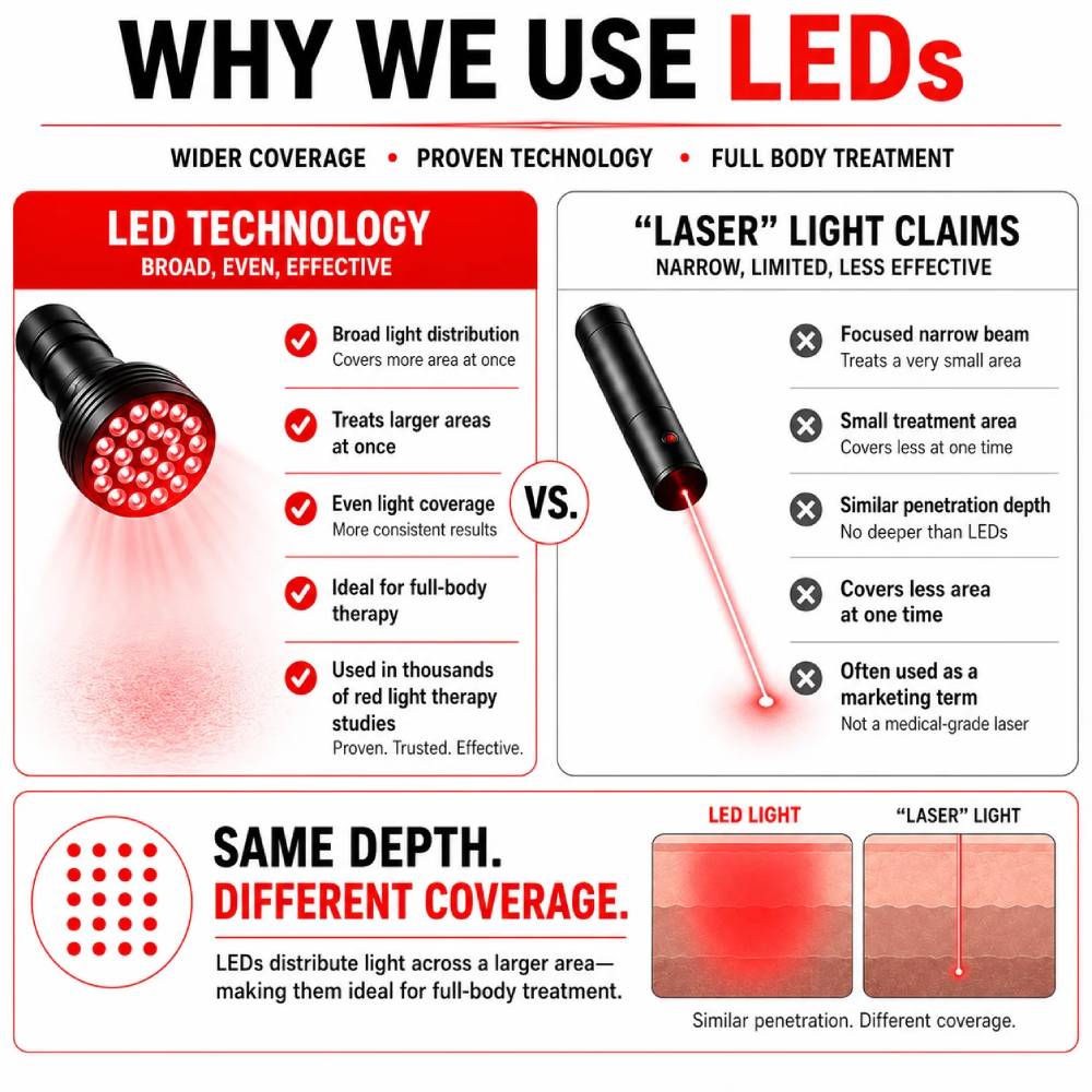 LED technology comparison infographic explaining broad, even light coverage from LEDs versus the narrow focused coverage of laser-style light