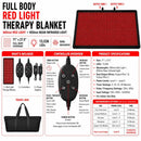 Full Body Red Light Therapy Blanket specifications infographic showing 13,536 LEDs, 660 nm and 850 nm wavelengths, dual controllers, power supplies, timer settings, five power levels, and travel bag