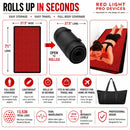 Roll-up Full Body Red Light Therapy Blanket infographic showing 71 by 27.5 inch dimensions, compact rolled storage, full-body use, travel bag, dual wavelengths, and five intensity levels