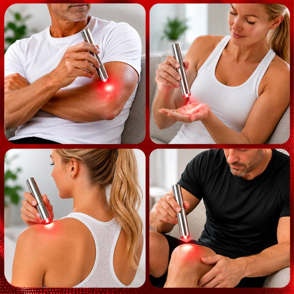 People using the Red Light Pro Devices LED Torch on the arm, hand, shoulder, and knee