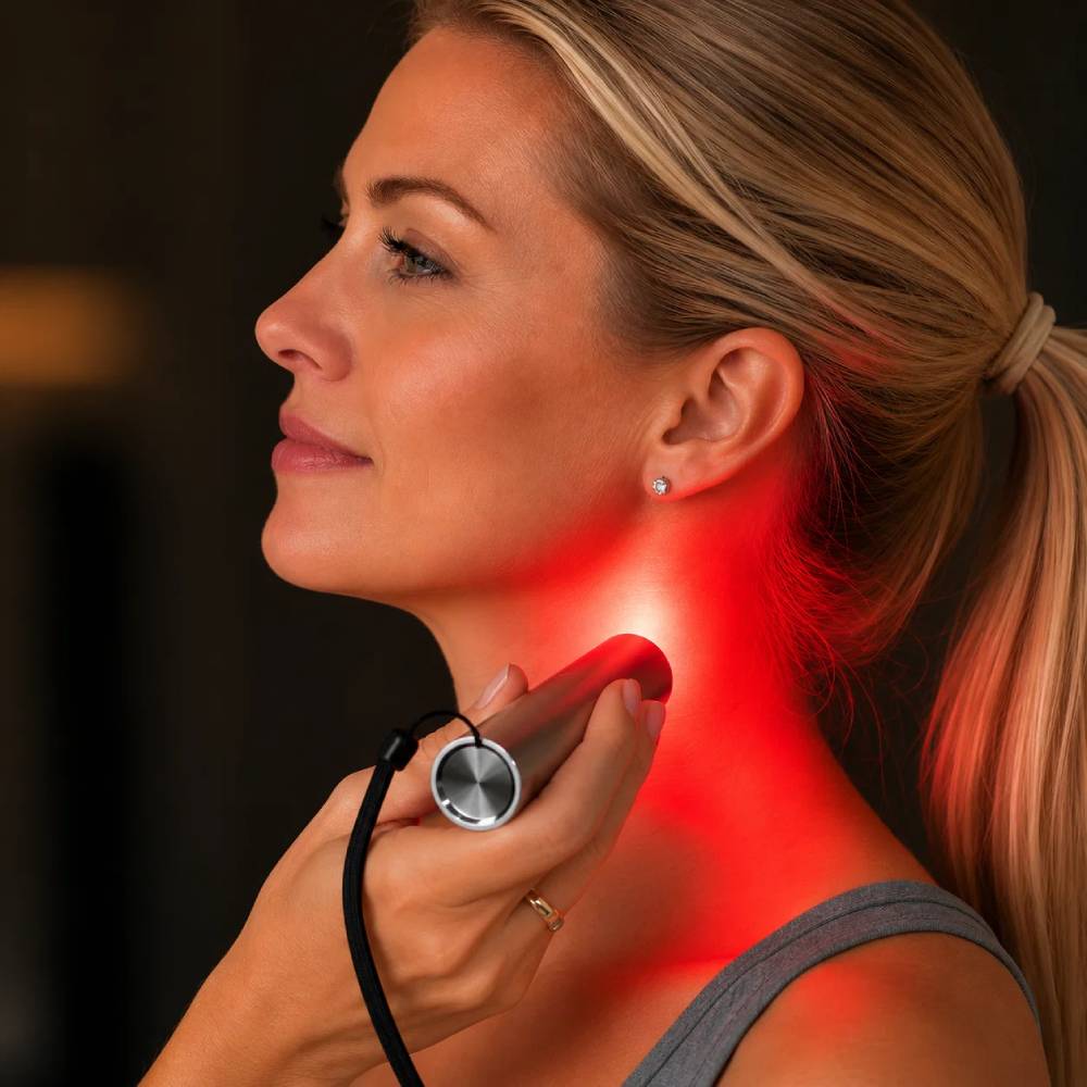 Woman applying the Red Light Pro Devices LED Torch to the side of her neck