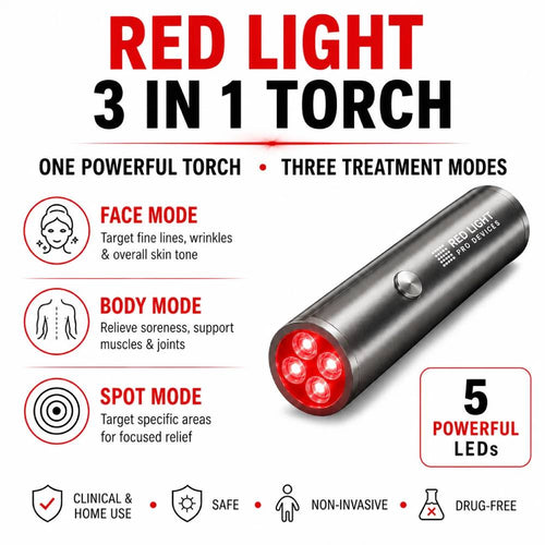 Red Light Pro Devices 3 in 1 Torch showing Face, Body, and Spot treatment modes with five LEDs