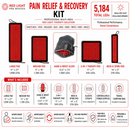 A product infographic for the Red Light Therapy Kit by Red Light Pro Devices, showing five different red LED pad sizes, a hand/wrist glove pad, a 3-in-1 pad, and a neck/spine pad, along with text detailing features, LED counts, and included accessories.