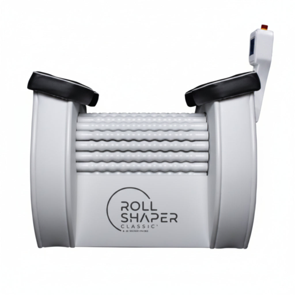 A white and gray Roll Shaper device with black pads and a white control stick on a plain white background.