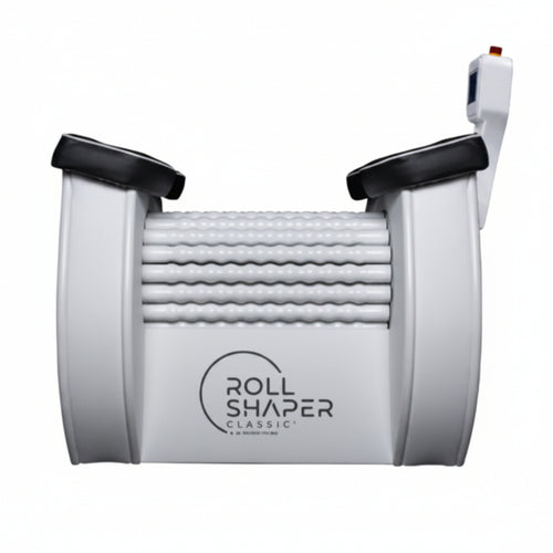 A white and gray Roll Shaper device with black pads and a white control stick on a plain white background.