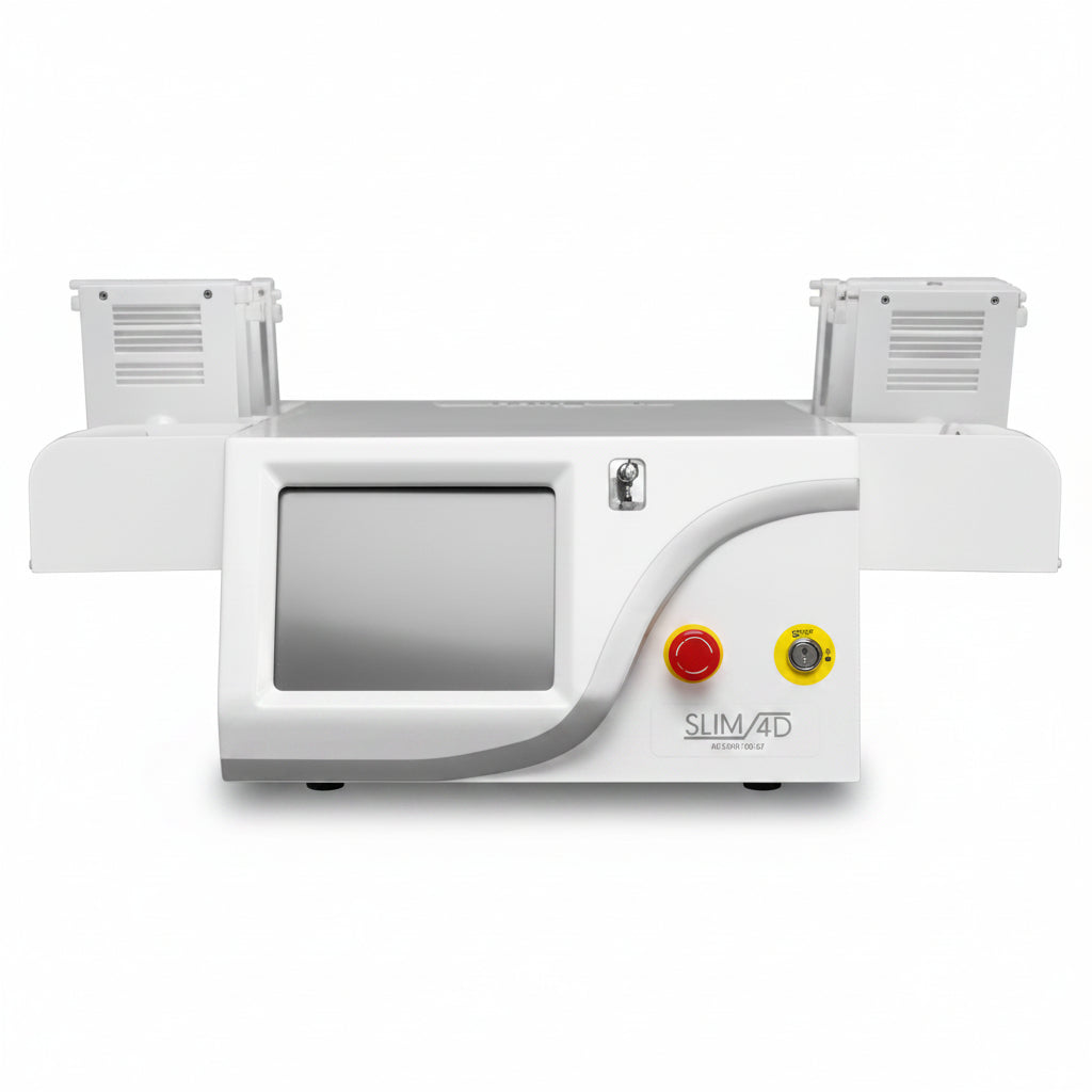 A white Slim4D body sculpting machine with a central control screen, red and yellow buttons, and side components, shown against a plain white background.
