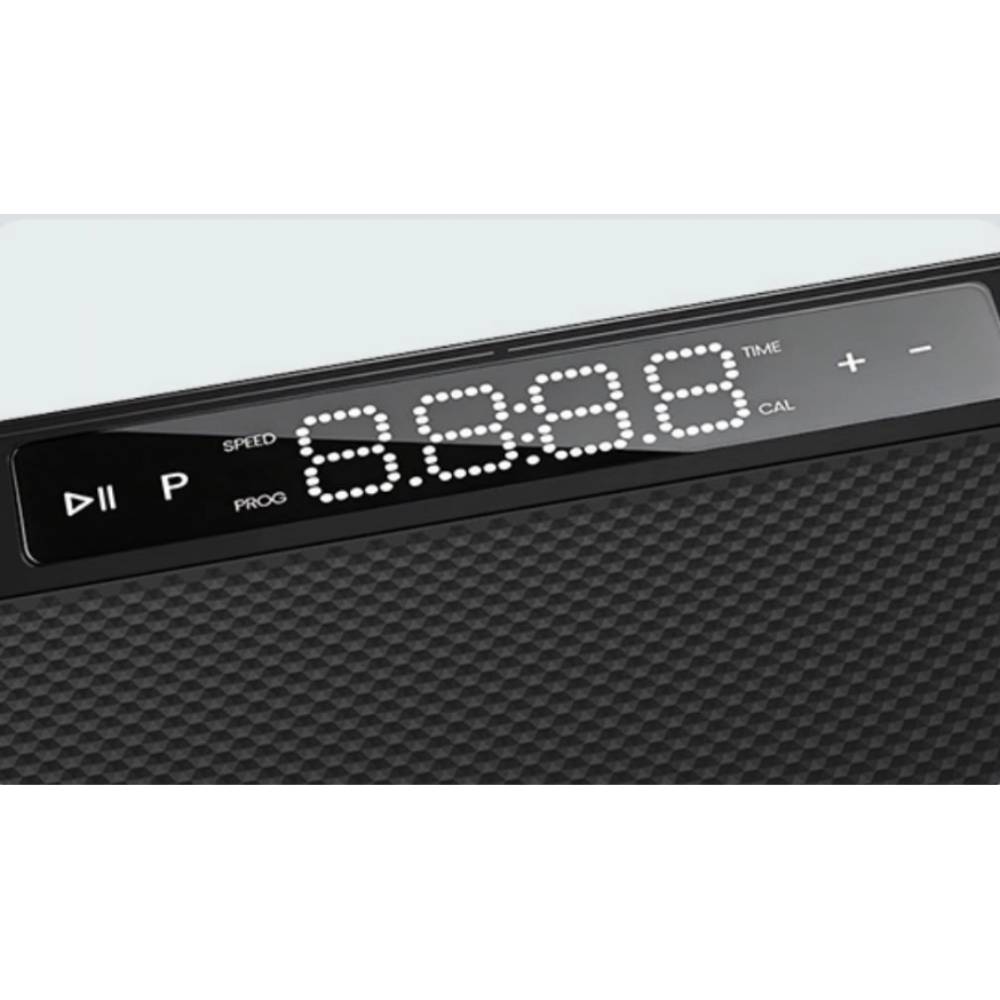 Close up of THERATEC vibration plate digital control panel showing speed program time and adjustment controls