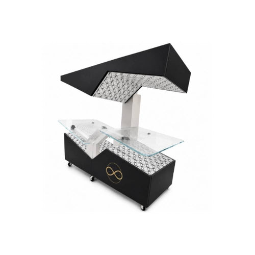 Image 1: Black and silver wellness therapy bed with a clear acrylic surface, overhead canopy, patterned panels, and caster wheels.