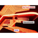 Close-up of the wellness system illuminated in red, highlighting the red light system, PEMF coils, and vibroacoustic components.
