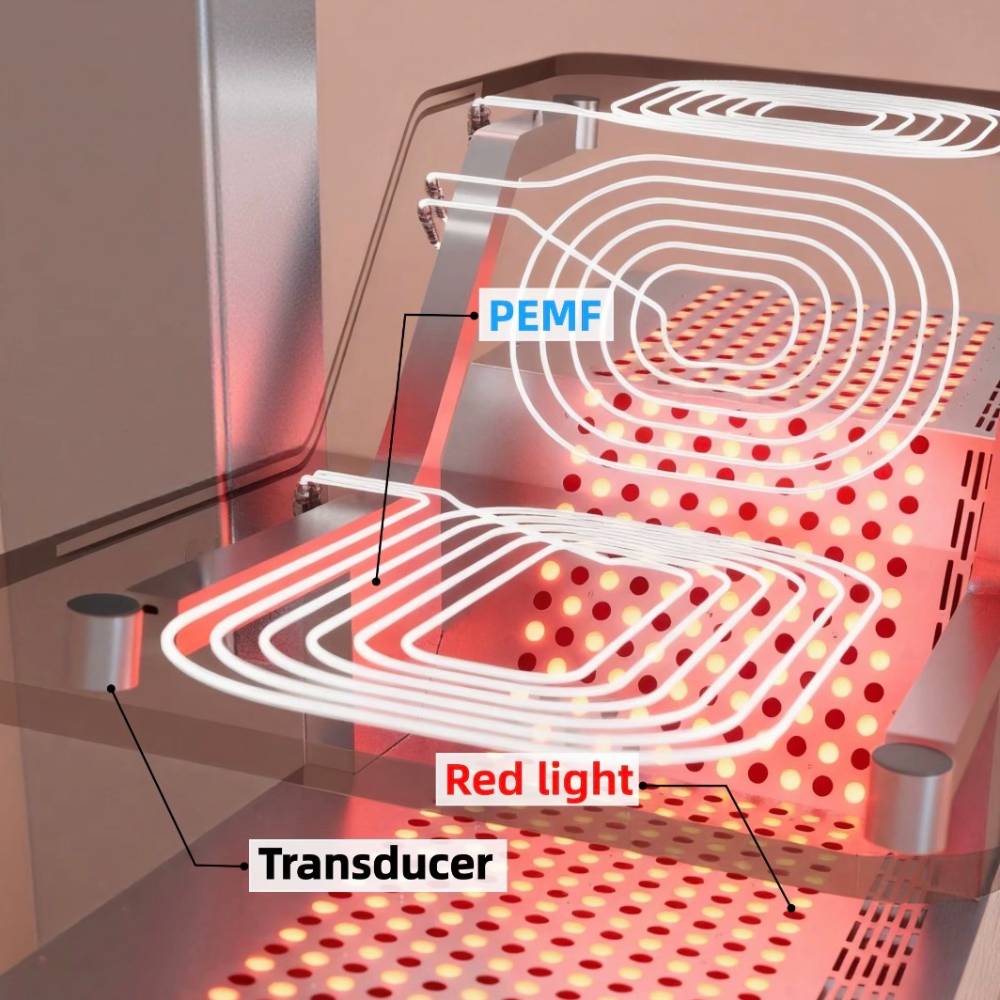 Close-up of the therapy bed showing PEMF coil patterns, red light panels, and a vibroacoustic transducer beneath the clear acrylic surface.