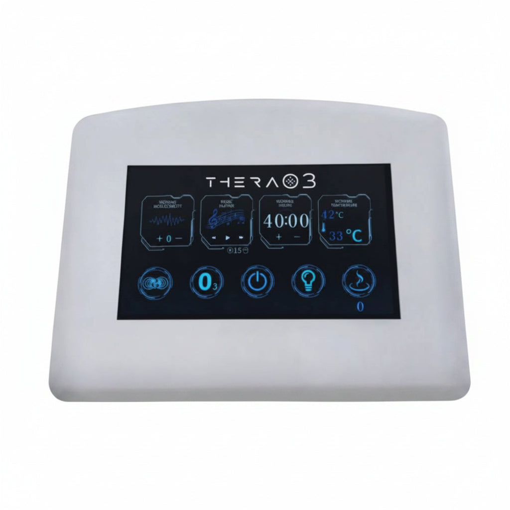 Close-up of the TheraO3 Ozone Sauna touchscreen showing time, temperature, music, and therapy controls