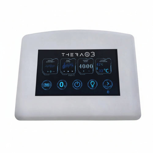 Close-up of the TheraO3 Ozone Sauna touchscreen showing time, temperature, music, and therapy controls