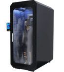 Person inside a black cryochamber with digital display on a white background