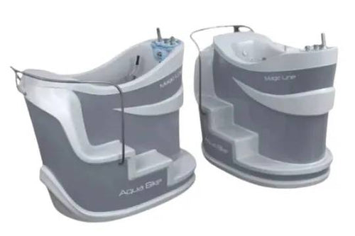 Two Aqua Bike exercise units with ergonomic steps and safety handrails