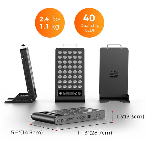 BestQool BQ40 portable red light therapy panel with stand and handle, specs overview